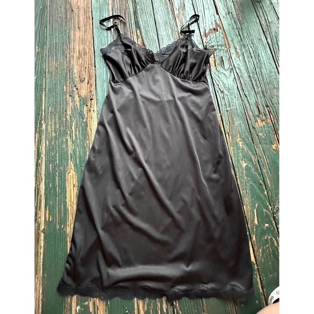 Goth Vintage Black Satin Lace Trim Slip Dress Midi Length Intimates Lingerie